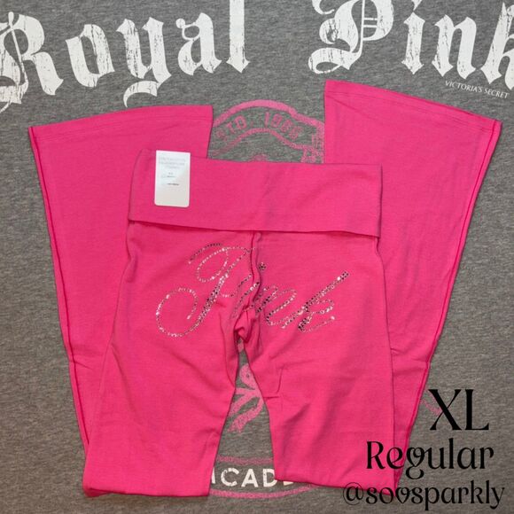 PINK Victoria's Secret Pants - NWT Victoria’s Secret PINK Foldover Flare Leggings Carmine Rose Rhinestone Bling